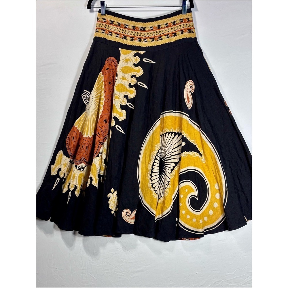 Byblos Made in Italy Vintage Batik Print Midi Skirt High Waisted Black Yellow 42